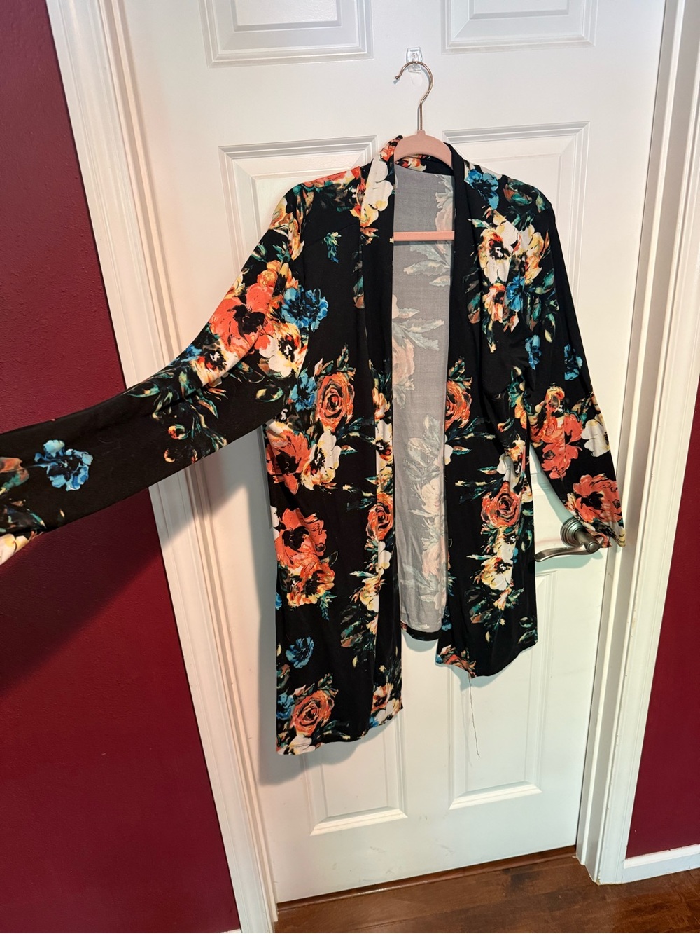 Black Floral Open Front Cardigan - Orange & Teal Roses